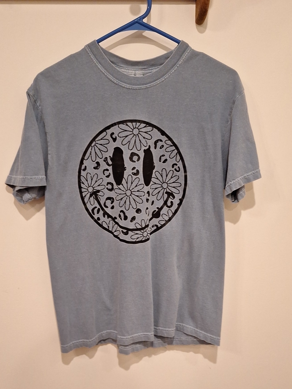 Comfort Colors Slate Blue Floral Leopard Print Smiley Face Tee
